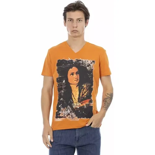 T-Shirt mit V-Ausschnitt und schlichtem Druck , Herren, Größe: M - Trussardi - Modalova