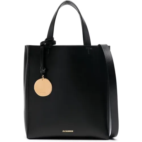 Schwarze Leder-Tote-Tasche mit goldener Hardware - Jil Sander - Modalova