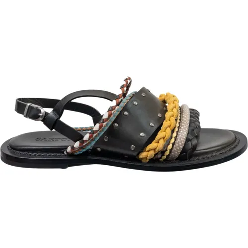 Flat sandals in leather and multicolor braided rope with buckle closure , female, Sizes: 3 1/2 UK - Sartore - Modalova