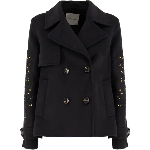 French Collar Double-Breasted Coat with Floral Knit , female, Sizes: S, 2XS - Ermanno Scervino - Modalova