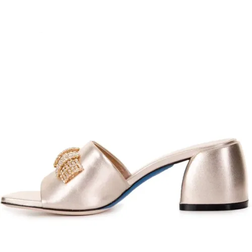Golden Leather Heeled Sandals with Crystals , female, Sizes: 3 UK - Loriblu - Modalova