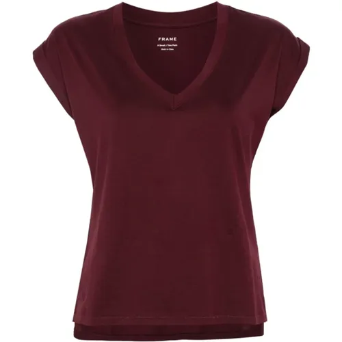 Burgund V-Ausschnitt T-Shirt , Damen, Größe: S - Frame - Modalova