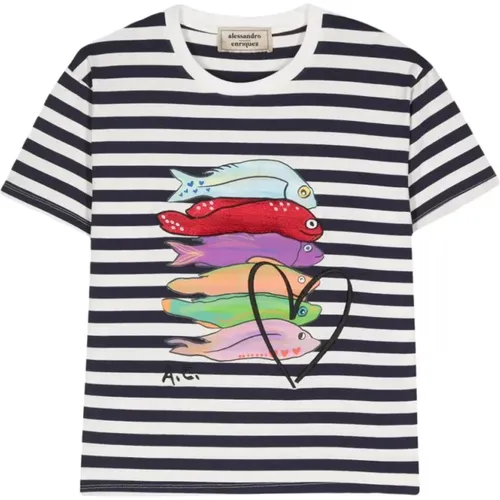 Fish Striped Blue T-Shirt , female, Sizes: XL, L - Alessandro Enriquez - Modalova