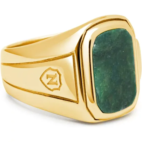 Men's Oblong Gold Plated Signet Ring with Green Jade - Nialaya - Modalova
