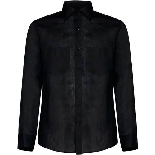 Schwarzes Leinenhemd mit Design-Paneelen , Herren, Größe: M - Low Brand - Modalova