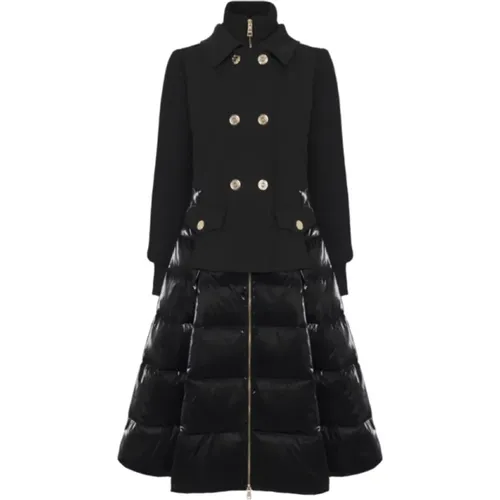 Double-Breasted Coat with Ribbed Knit Sleeves and Flared Nylon Skirt , female, Sizes: S, M - Elisabetta Franchi - Modalova