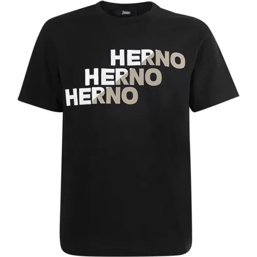 Schwarze kurzärmelige Crew-Neck T-Shirts und Polos - Herno - Modalova