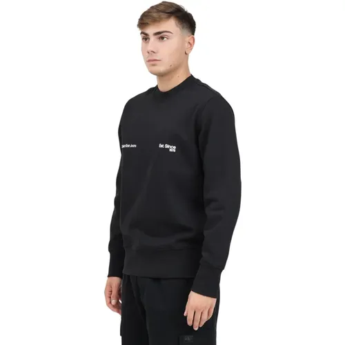 Schwarzer Crewneck Sweater mit Flocked Logo , Herren, Größe: L - Calvin Klein Jeans - Modalova