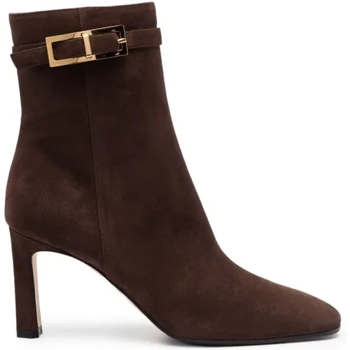 Dark Suede Ankle Boots with Almond Toe and Side Zip , female, Sizes: 7 UK - Sergio Rossi - Modalova