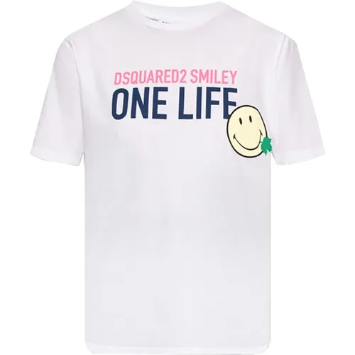 One Life One Planet Smiley T-Shirt mit Druck , Damen, Größe: S - Dsquared2 - Modalova