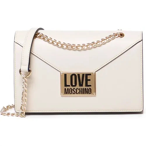 Ivory Schultertasche mit Klappenverschluss,Umhängetasche aus Kunstleder mit Logoplatte - Love Moschino - Modalova