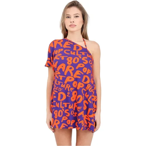 Kurzes lila und orangefarbenes Pop-Art-Kleid , Damen, Größe: M - Dsquared2 - Modalova