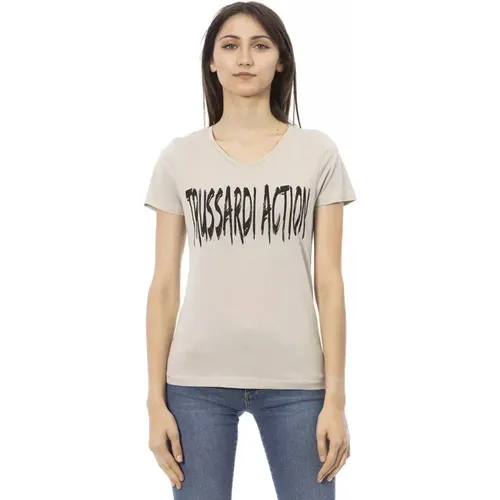 Baumwoll T-Shirt mit V-Ausschnitt und Frontdruck , Damen, Größe: S - Trussardi - Modalova