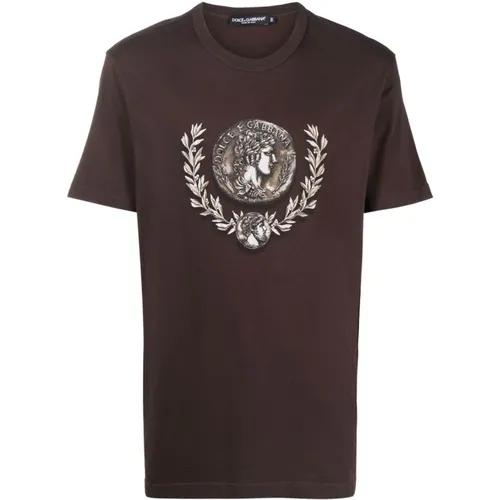 Marrone Coin-Print T-Shirt , male, Sizes: S, L, XL, M - Dolce & Gabbana - Modalova