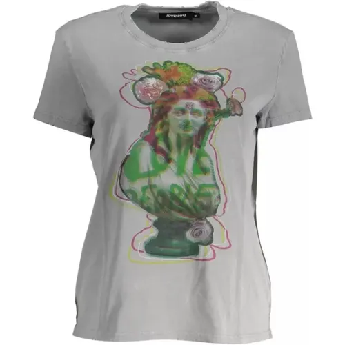 Schickes Graues Bedrucktes Baumwoll-T-Shirt - Desigual - Modalova