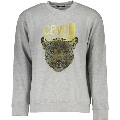 Grauer Designer Sweatshirt Rundhalsausschnitt , Herren, Größe: L - Cavalli Class - Modalova