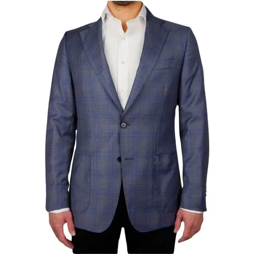 Blaue Tartan Wollblazer , Herren, Größe: M - Made in Italia - Modalova