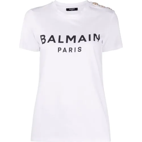 Logo-Print Button-Embellished T-Shirt , Damen, Größe: XS - Balmain - Modalova