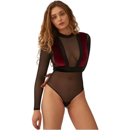 Burgunder Mesh Ärmel Bodysuit - Undress Code - Modalova