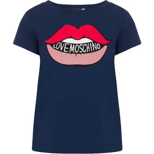 T-Shirt mit grafischen Lippen und Moschino Logo , Damen, Größe: M - Love Moschino - Modalova