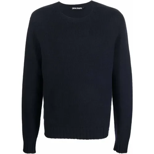 Curved Logo Sweater, Navy, Men`s XL , male, Sizes: S, XS - Palm Angels - Modalova