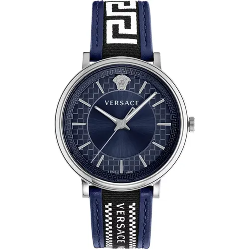 Blaue V-Circle Leder/Textil Uhr - Versace - Modalova