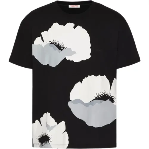 Blumenporträt Druck Baumwoll T-Shirt,Schwarzes T-Shirt mit Blumenmuster - Valentino Garavani - Modalova
