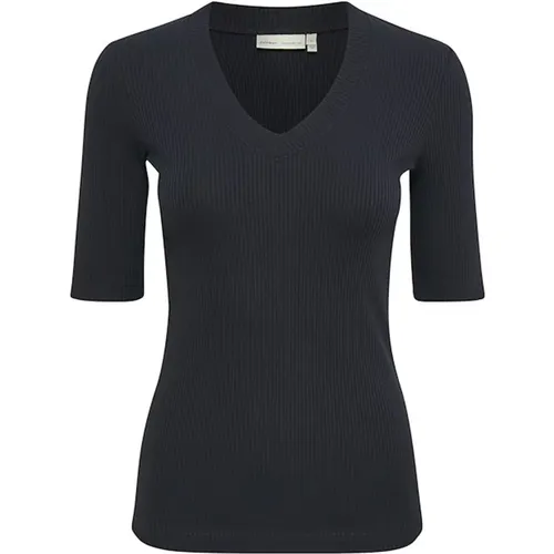 Marineblaues V-Ausschnitt T-Shirt , Damen, Größe: L - InWear - Modalova