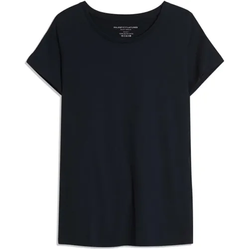 Navy Cotton T-Shirt with Short Sleeves , female, Sizes: L, S - majestic filatures - Modalova