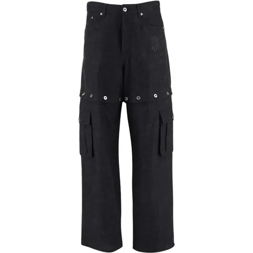 Schwarze Leinen-Cargohose , Herren, Größe: W31 - Off White - Modalova