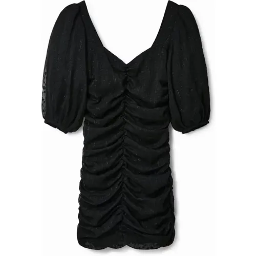 Kurzarm V-Ausschnitt Schwarzes Kleid , Damen, Größe: M - Desigual - Modalova