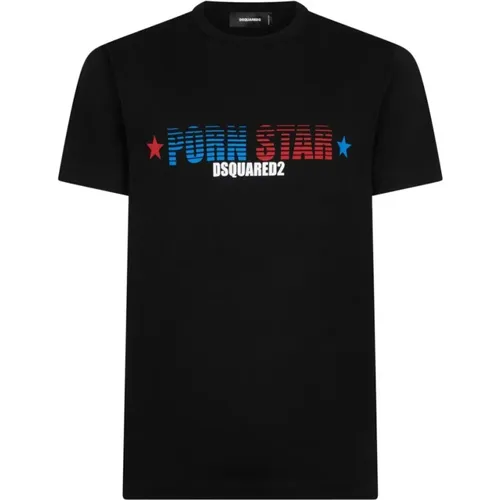 Schwarzes Baumwoll-T-Shirt mit Slogan-Druck , Herren, Größe: 2XL - Dsquared2 - Modalova