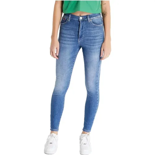 Blaue Skinny Jeans mit Hoher Taille und Aufgesticktem Logo - Tommy Jeans - Modalova