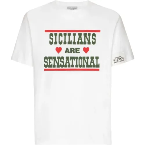 Bedrucktes Sicilianer Grün Rot Rundhals Baumwoll T-Shirt,Elegantes Pinaforemetal T-Shirt für Männer - Dolce & Gabbana - Modalova