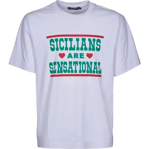 Elegantes Pinaforemetal T-Shirt für Männer,Bedrucktes Sicilianer Grün Rot Rundhals Baumwoll T-Shirt - Dolce & Gabbana - Modalova
