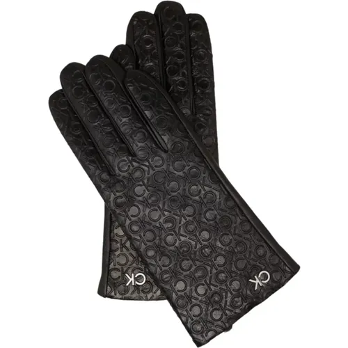 Lederhandschuhe mit Eingeprägtem Logo - Schwarz , unisex, Größe: M/L - Calvin Klein - Modalova
