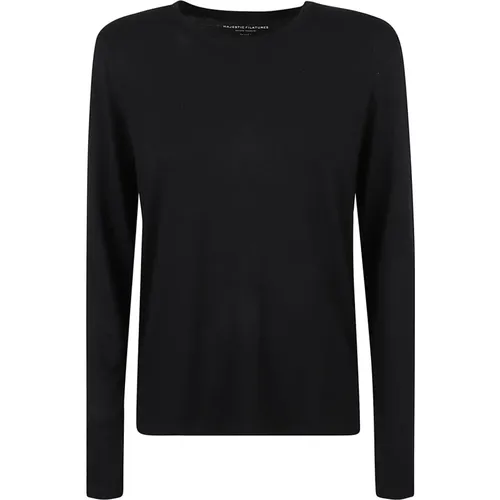 Schwarzes Langarm-T-Shirt mit Rundhalsausschnitt , Damen, Größe: S - majestic filatures - Modalova
