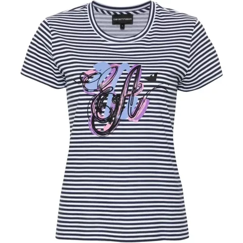 Blau Gestreiftes T-Shirt mit Besticktem Motiv , Damen, Größe: M - Emporio Armani - Modalova