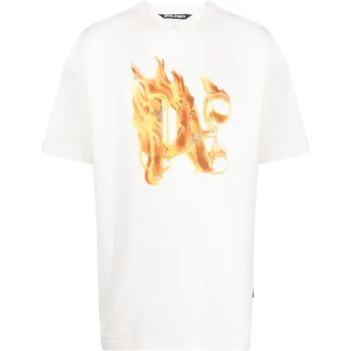 Weiße T-Shirt mit Burning PA Monogramm , Herren, Größe: 2XS - Palm Angels - Modalova