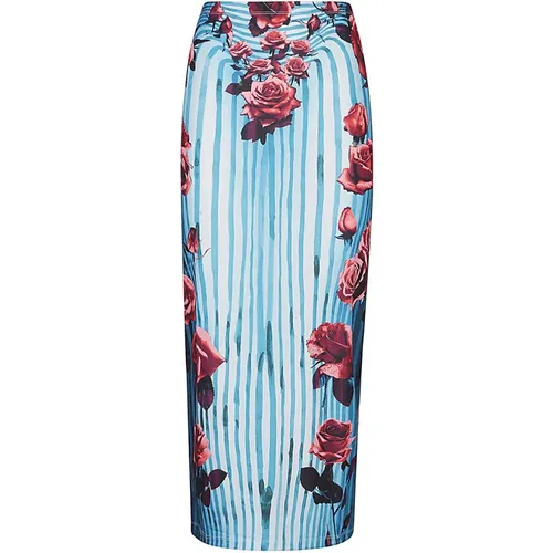 Blue Striped Midi Skirt with Rose Print , female, Sizes: S - Jean Paul Gaultier - Modalova
