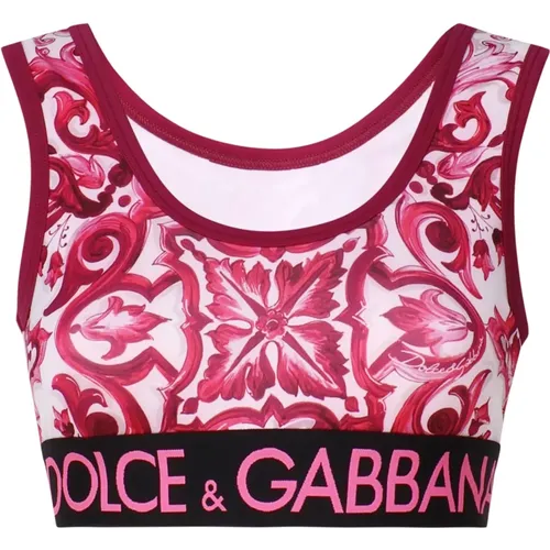 Majolika Print Ärmelloses Top Weiß Fuchsia,Majolika-Print Crop Top - Dolce & Gabbana - Modalova