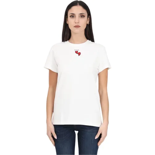 Short Sleeve T-shirt with Red Heart Embroidery and Logo Print , female, Sizes: L, M - pinko - Modalova