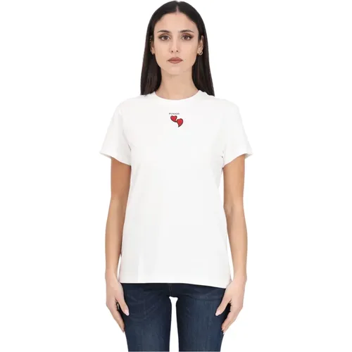 Short Sleeve T-shirt with Red Heart Embroidery and Logo Print , female, Sizes: L, XS, M, S - pinko - Modalova