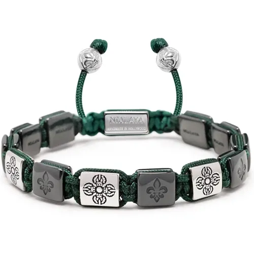 Men`s Ceramic Flatbead Bracelet in Green and Silver - Nialaya - Modalova