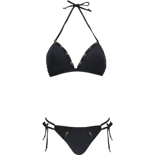 Schwarzer Bikini mit Dreieck-Top und Perlen-Details - Miss Bikini - Modalova