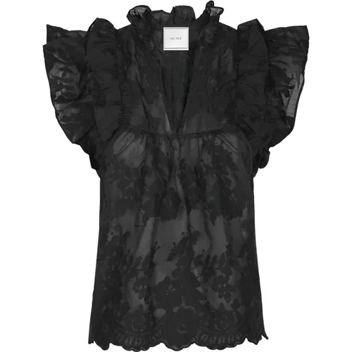 Elegante Bestickte Bluse Schwarz , Damen, Größe: L - NEO NOIR - Modalova