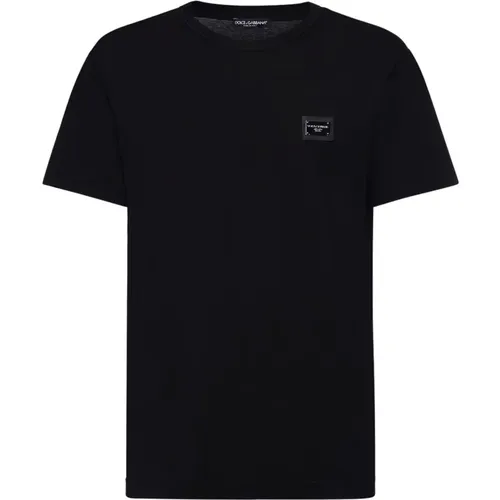 Schwarzes Crew-neck T-Shirt Kurzarm,Logo-Platten-Strick-T-Shirt - Dolce & Gabbana - Modalova