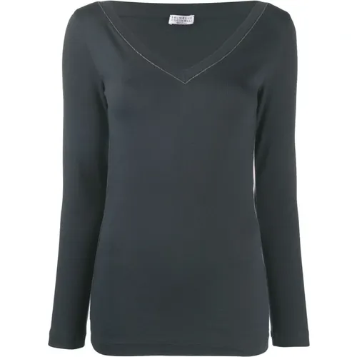 Blauer V-Ausschnitt Pullover , Damen, Größe: S - BRUNELLO CUCINELLI - Modalova