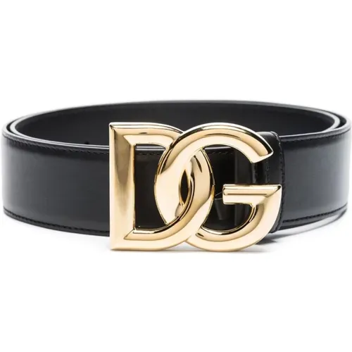 Schwarzer Logoed Kalbsledergürtel mit Goldener Schnalle , Damen, Größe: 75 CM - Dolce & Gabbana - Modalova