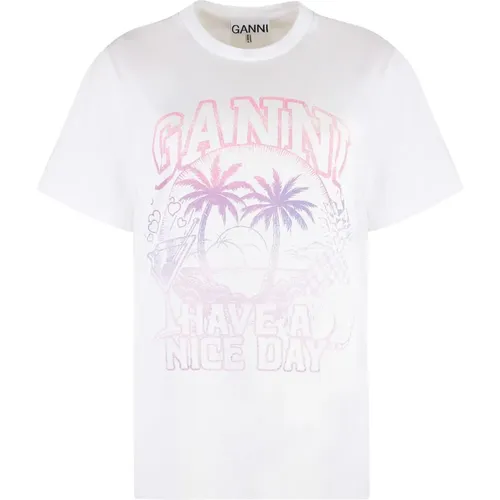 Geripptes Baumwoll-Crew-Neck T-Shirt - Ganni - Modalova